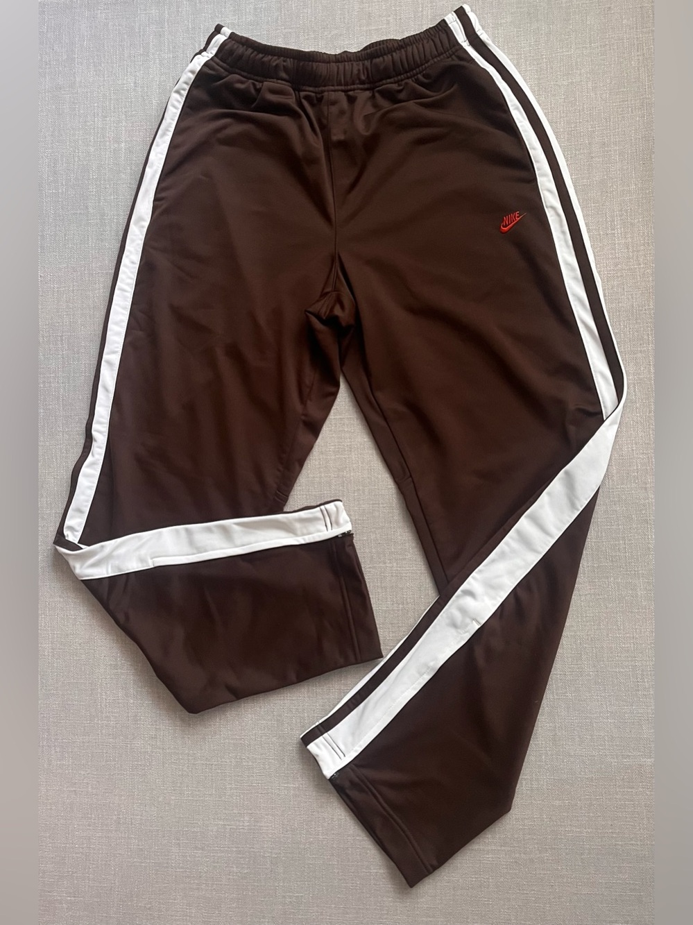 Nike Sportswear Side-Stripe Track Pants in Chocolate Brown and White w Ankle Zip